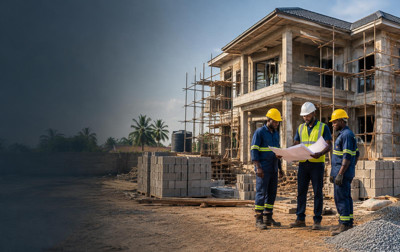 Nigerian construction professionals reviewing building plans at an active site
