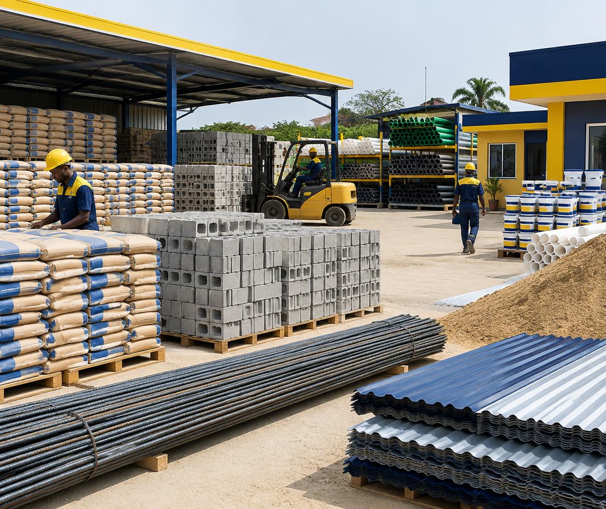 Organised building materials yard with cement, blocks, roofing sheets, steel and PVC